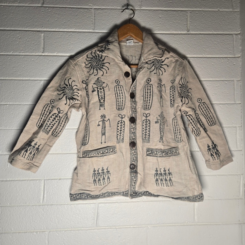 Venus Imports Womens Jacket Shirt Tribal Block Print Medium Cotton Nepal Hippie